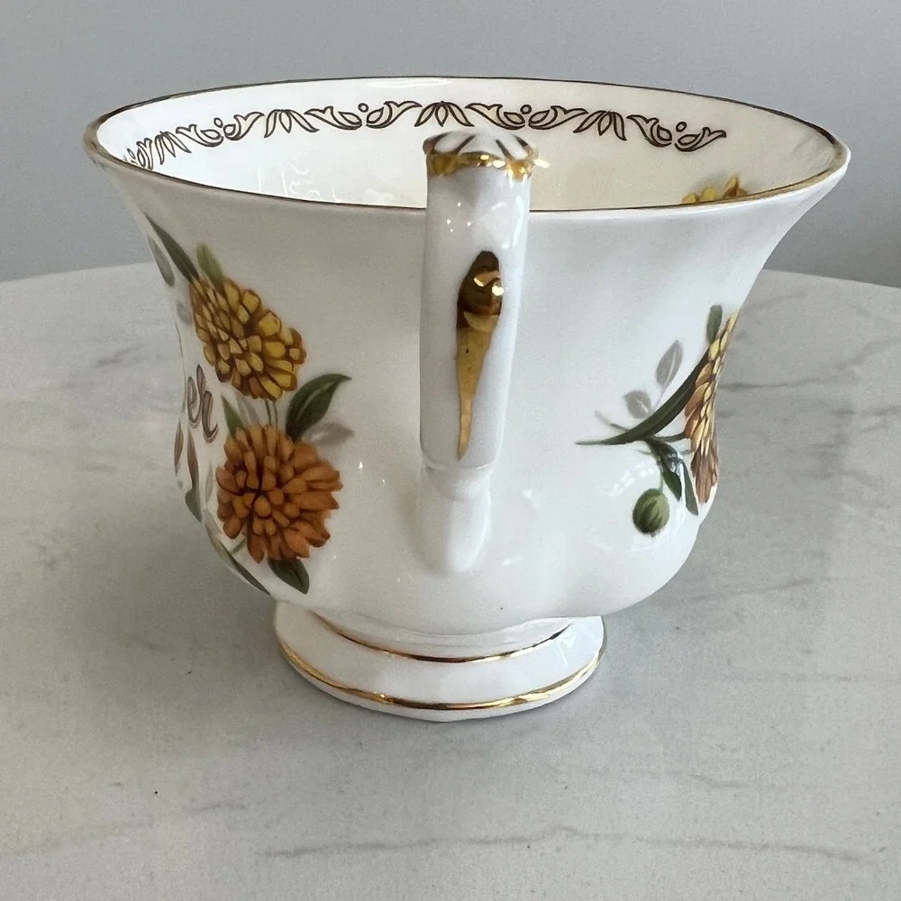 E&R Golden Crown Bone China October Bouquet of the Month Series Cup & Saucer Vtg
